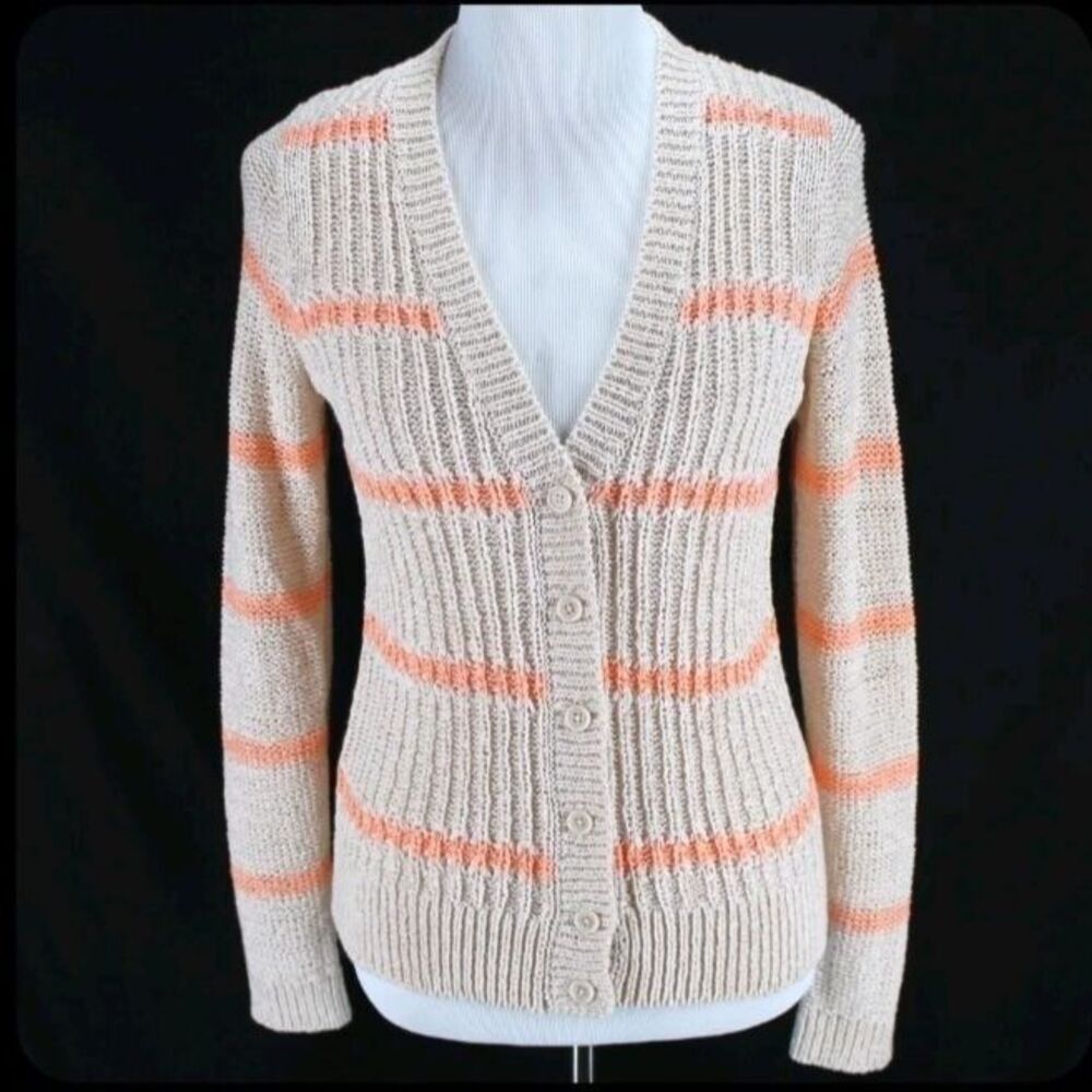 Ann Taylor Loft Sz Small Coral Oatmeal Beige Stripe Knit Vneck Casual Cardigan